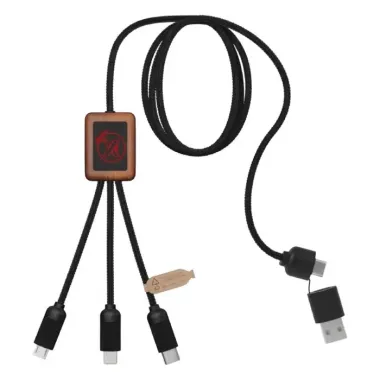 Cable de carga de 40 W 5 en 1 de PET reciclado con logo retroiluminado y estuche cuadrado de madera Plástico ABS reciclado, Plástico PET reciclado, Madera de bambú - Qixi