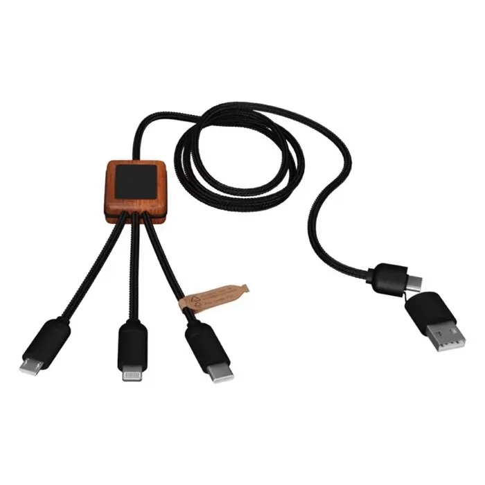 Cable de carga de 40 W 5 en 1 de PET reciclado con logo retroiluminado y estuche cuadrado de madera Plástico ABS reciclado, Plástico PET reciclado, Madera de bambú - Qixi miniatura 4