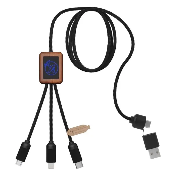 Cable de carga de 40 W 5 en 1 de PET reciclado con logo retroiluminado y estuche cuadrado de madera Plástico ABS reciclado, Plástico PET reciclado, Madera de bambú - Qixi miniatura 1
