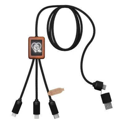 Cable de carga de 40 W 5 en 1 de PET reciclado con logo retroiluminado y estuche cuadrado de madera Plástico ABS reciclado, Plástico PET reciclado, Madera de bambú - Qixi
