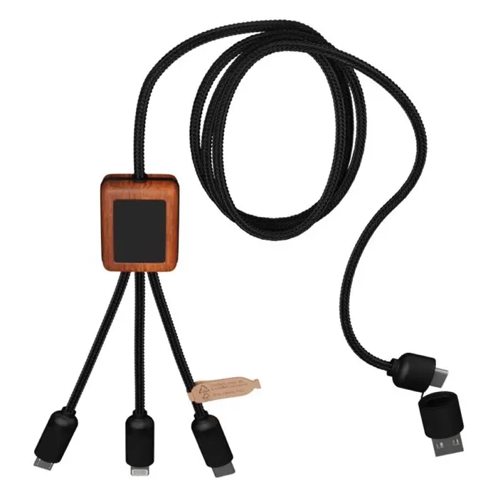 Cable de carga de 40 W 5 en 1 de PET reciclado con logo retroiluminado y estuche cuadrado de madera Plástico ABS reciclado, Plástico PET reciclado, Madera de bambú - Qixi miniatura 3