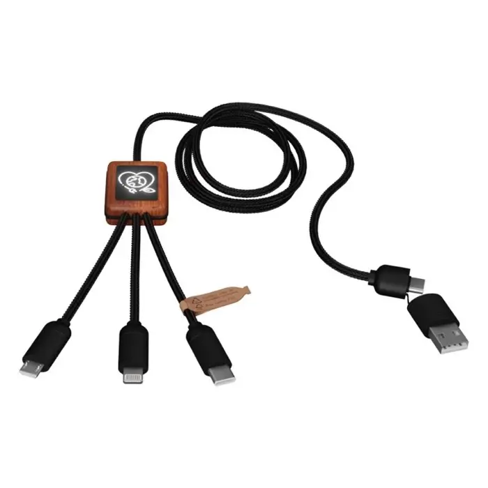 Cable de carga de 40 W 5 en 1 de PET reciclado con logo retroiluminado y estuche cuadrado de madera Plástico ABS reciclado, Plástico PET reciclado, Madera de bambú - Qixi miniatura 4