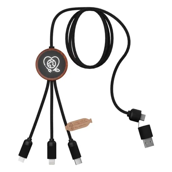 Cable de carga de 40 W 5 en 1 de PET reciclado con logo retroiluminado y estuche redondo de madera Plástico ABS reciclado, Madera de bambú, Plástico PET reciclado - Wapi miniatura 1