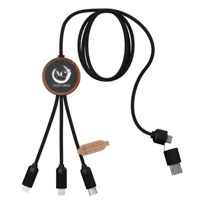 Cable de carga de 40 W 5 en 1 de PET reciclado con logo retroiluminado y estuche redondo de madera Plástico ABS reciclado, Madera de bambú, Plástico PET reciclado - Wapi miniatura 3