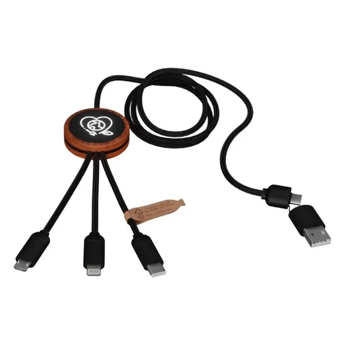 Cable de carga de 40 W 5 en 1 de PET reciclado con logo retroiluminado y estuche redondo de madera Plástico ABS reciclado, Madera de bambú, Plástico PET reciclado - Wapi miniatura 4
