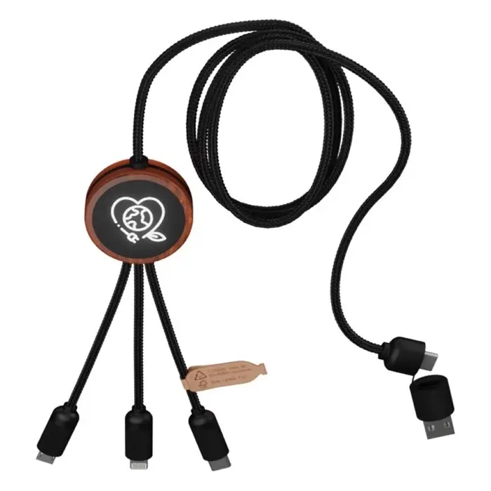 Cable de carga de 40 W 5 en 1 de PET reciclado con logo retroiluminado y estuche redondo de madera Plástico ABS reciclado, Madera de bambú, Plástico PET reciclado - Wapi miniatura 5