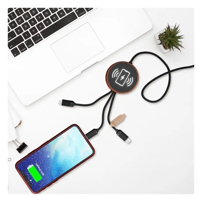 Cable de carga 5 en 1 de PET reciclado con logo retroiluminado y base de carga de 10 W Plástico PET reciclado, Madera de bambú - Mode miniatura 3