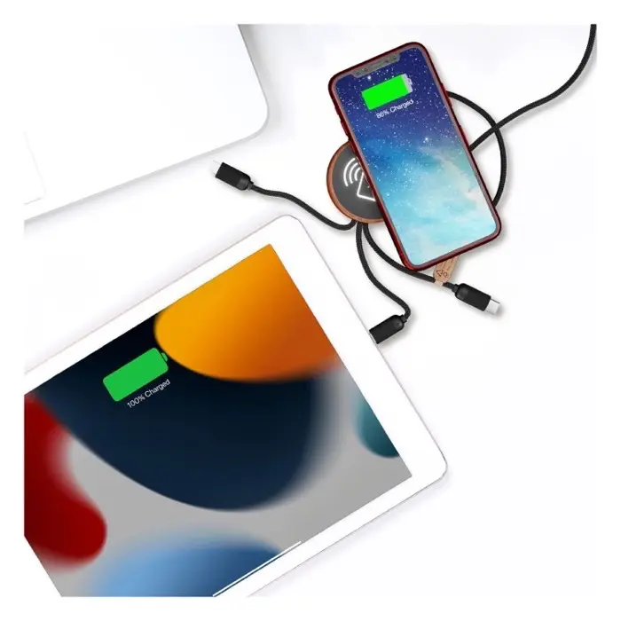 Cable de carga 5 en 1 de PET reciclado con logo retroiluminado y base de carga de 10 W Plástico PET reciclado, Madera de bambú - Mode miniatura 4