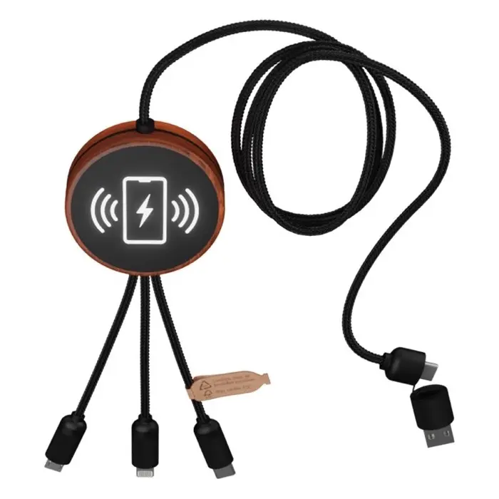 Cable de carga 5 en 1 de PET reciclado con logo retroiluminado y base de carga de 10 W Plástico PET reciclado, Madera de bambú - Mode miniatura 6