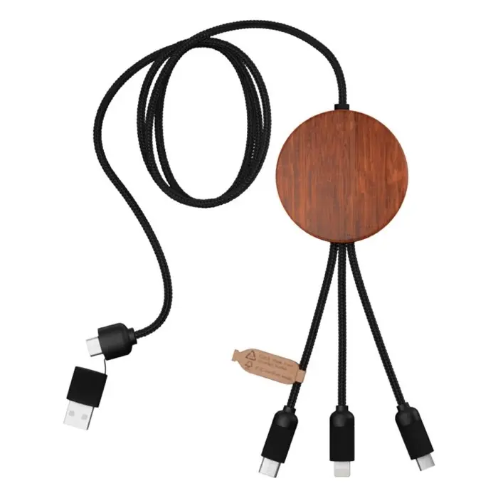 Cable de carga 5 en 1 de PET reciclado con logo retroiluminado y base de carga de 10 W Plástico PET reciclado, Madera de bambú - Mode miniatura 7