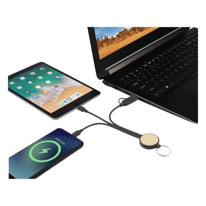 Cable de carga 6 en 1 de plástico reciclado/bambú con llavero Plástico ABS reciclado, Madera de bambú - Yimo miniatura 4