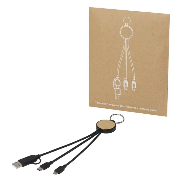 Cable de carga 6 en 1 de plástico reciclado/bambú con llavero Plástico ABS reciclado, Madera de bambú - Yimo miniatura 5