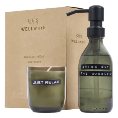 Dispensador de jabón de manos de 200 ml y juego de velas aromáticas de 150 g con fragancia de ámbar oscuro Vidrio - Remu