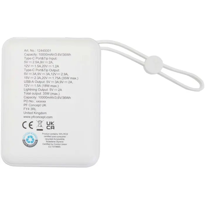 Batería externa para tableta de 10 000 mAh y 35 W con cable tipo C integrado y fabricada con plástico reciclado Plástico ABS reciclado - Veos miniatura 3