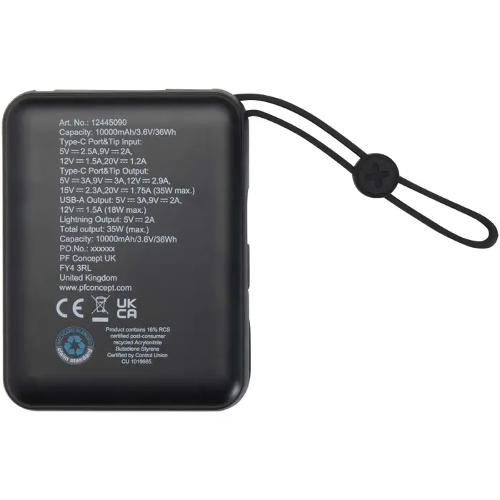 Batería externa para tableta de 10 000 mAh y 35 W con cable tipo C integrado y fabricada con plástico reciclado Plástico ABS reciclado - Veos miniatura 3