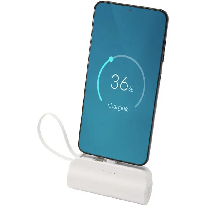 Batería externa tipo-C de plástico reciclado de 5000 mAh y 10 W con soporte abatible incorporado y cable 2 en 1 Plástico ABS reciclado - Ovas miniatura 1