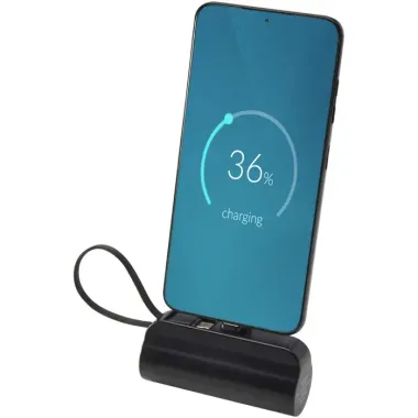 Batería externa tipo-C de plástico reciclado de 5000 mAh y 10 W con soporte abatible incorporado y cable 2 en 1 Plástico ABS reciclado - Ovas